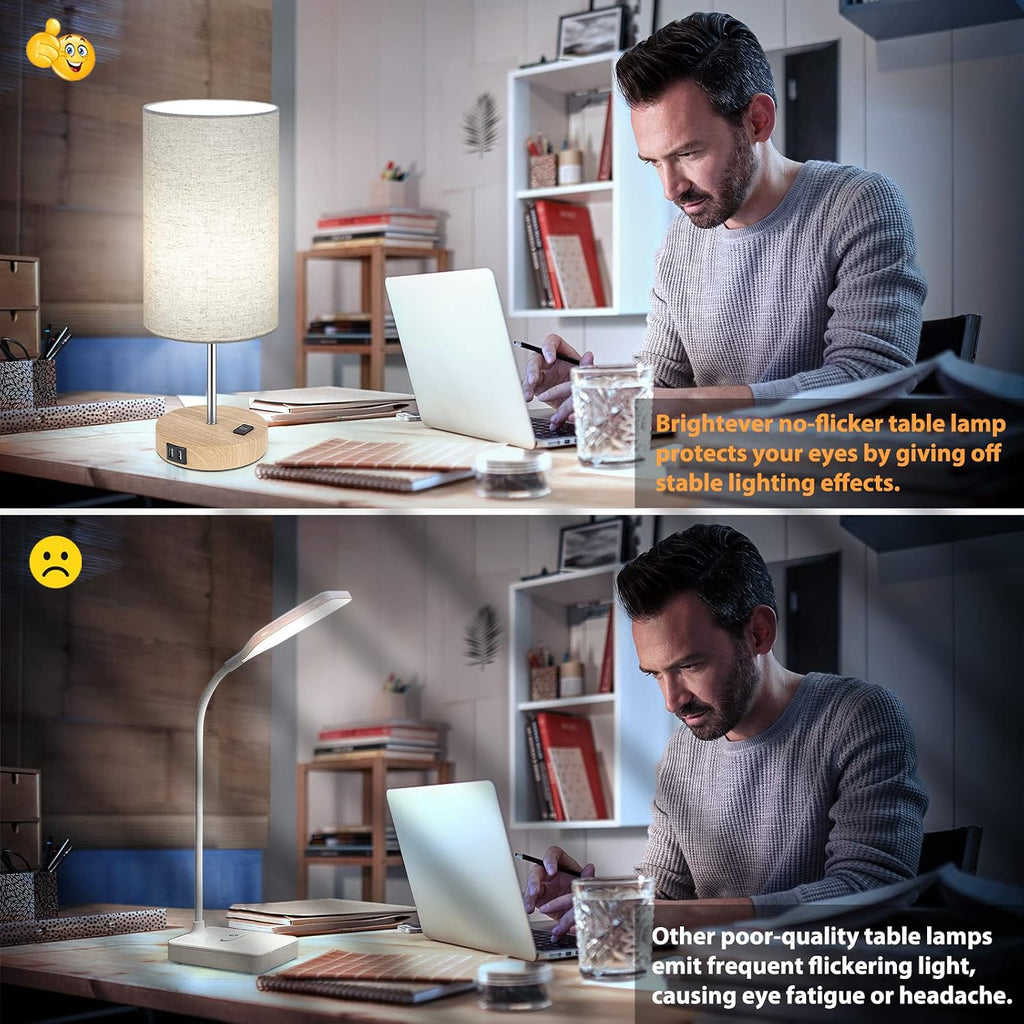 Bedside Table Lamps with 2 USB Charging Ports & AC Outlet, Set of 2 Touch Control Wooden Base Nightstand 3-Way Dimmable Lamps with Beige Fabric Shade for Bedroom, Living Room, A19 E26 Bulbs included
