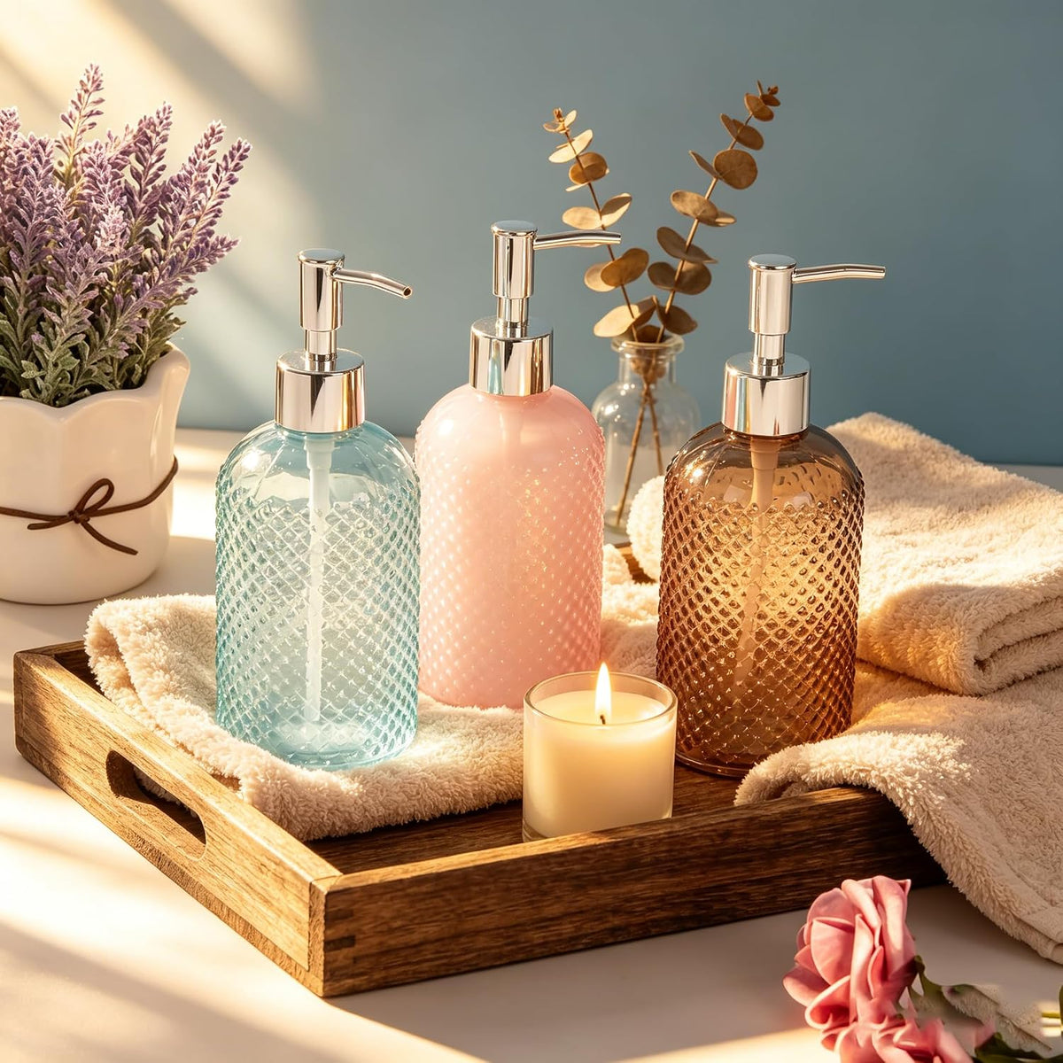 3 Pack Assorted Glass 15 Ounce Lotion Soap Dispenser Bottle with Pump for Bathroom, Kitchen