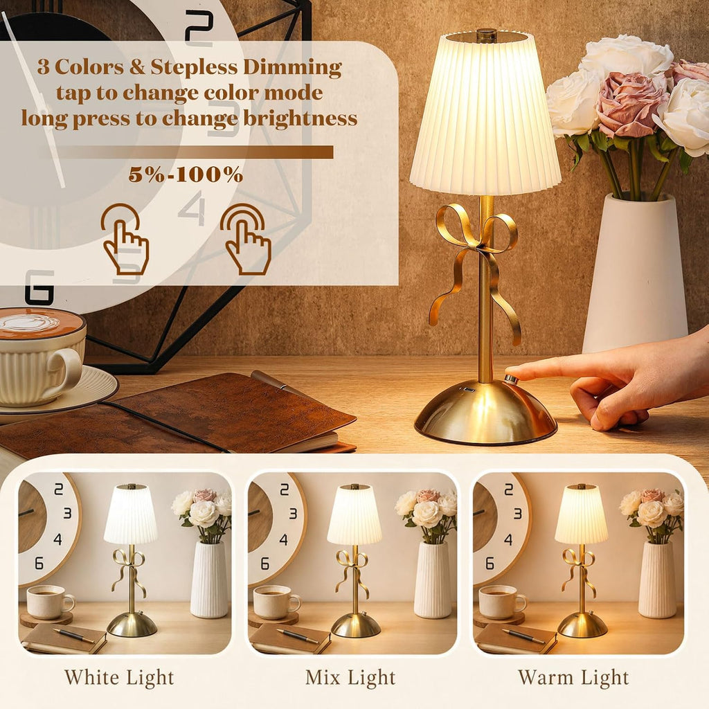Liliful 2 Pcs Cordless Table Lamp LED Touch, Gold, Beige Cloth Style Bow