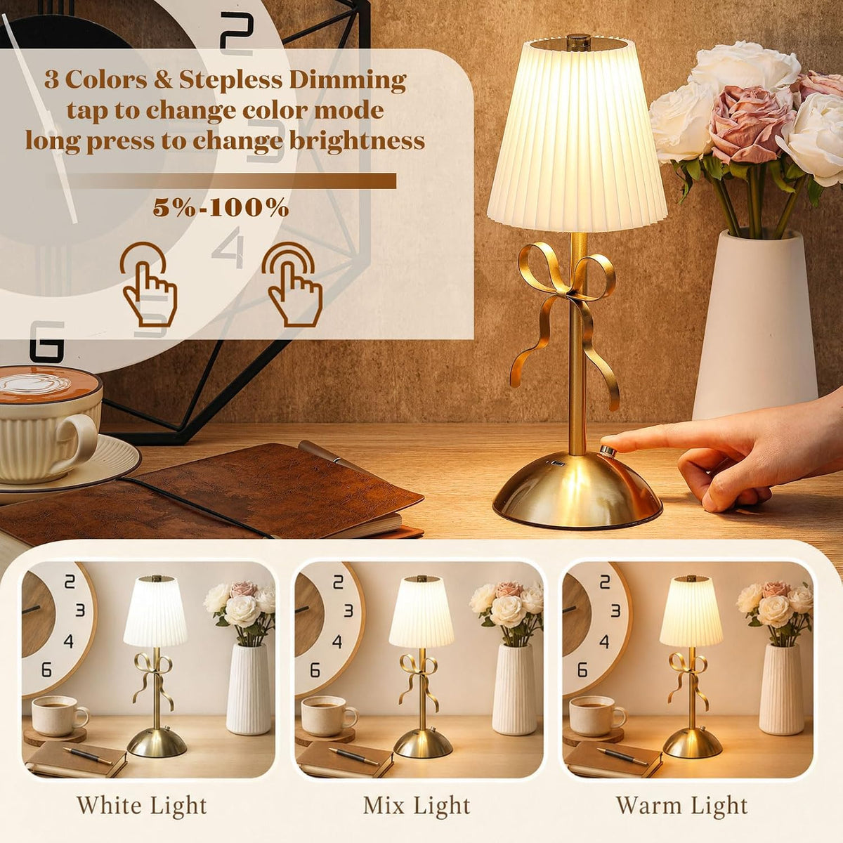 Liliful 2 Pcs Cordless Table Lamp LED Touch, Gold, Beige Cloth Style Bow
