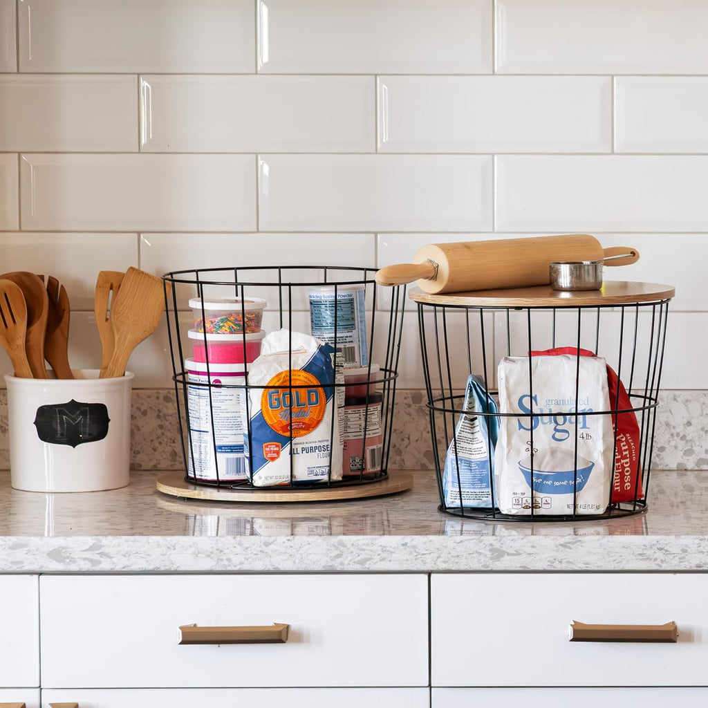 IRIS USA Round Wire Basket with Wooden Lid, 2 Pack