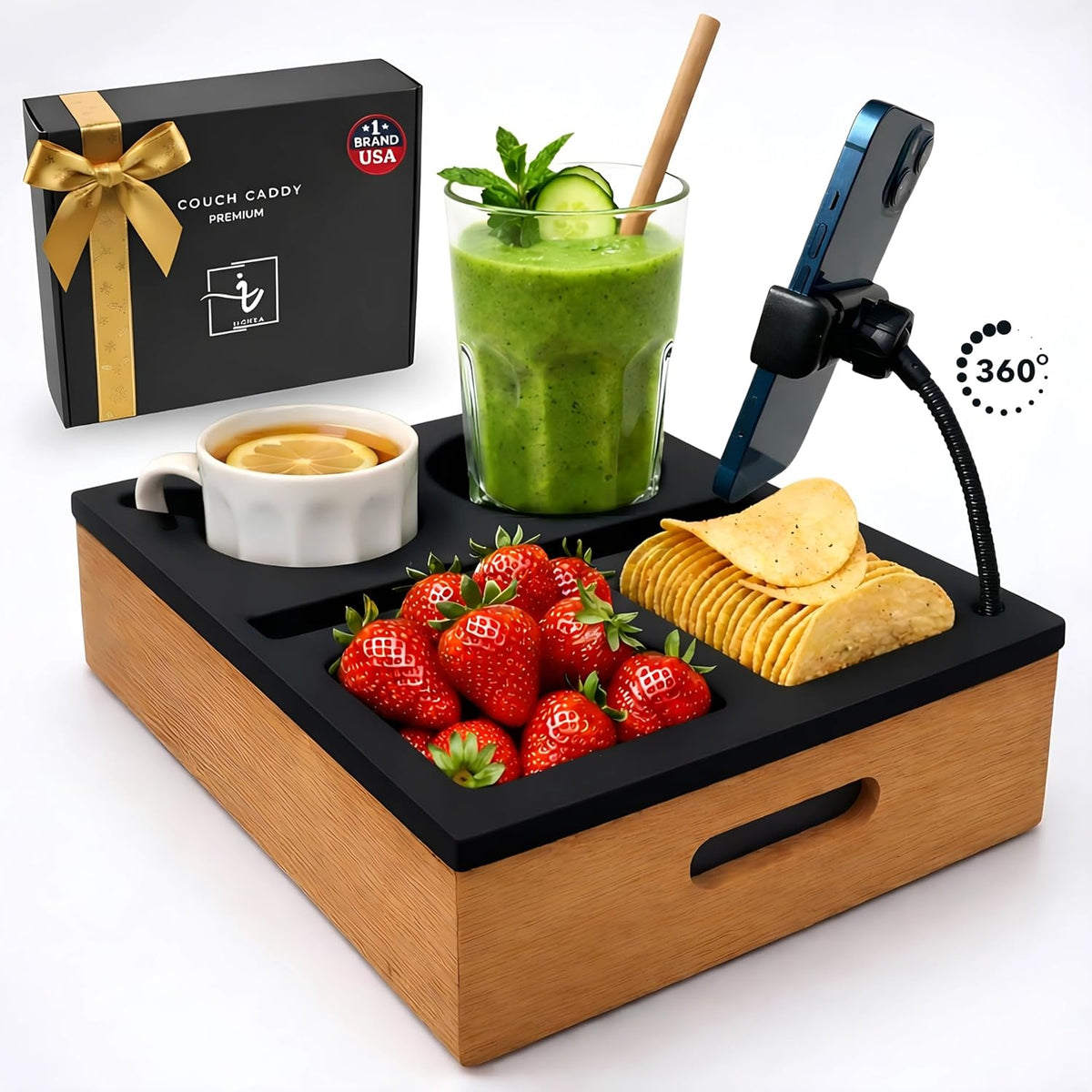 Couch Caddy with Cup Holder | Wood Couch Cup Holder Tray for Drinks, Snacks & Remotes | Sofa Couch Organizer with Phone & Cup Holder Tray (Black)