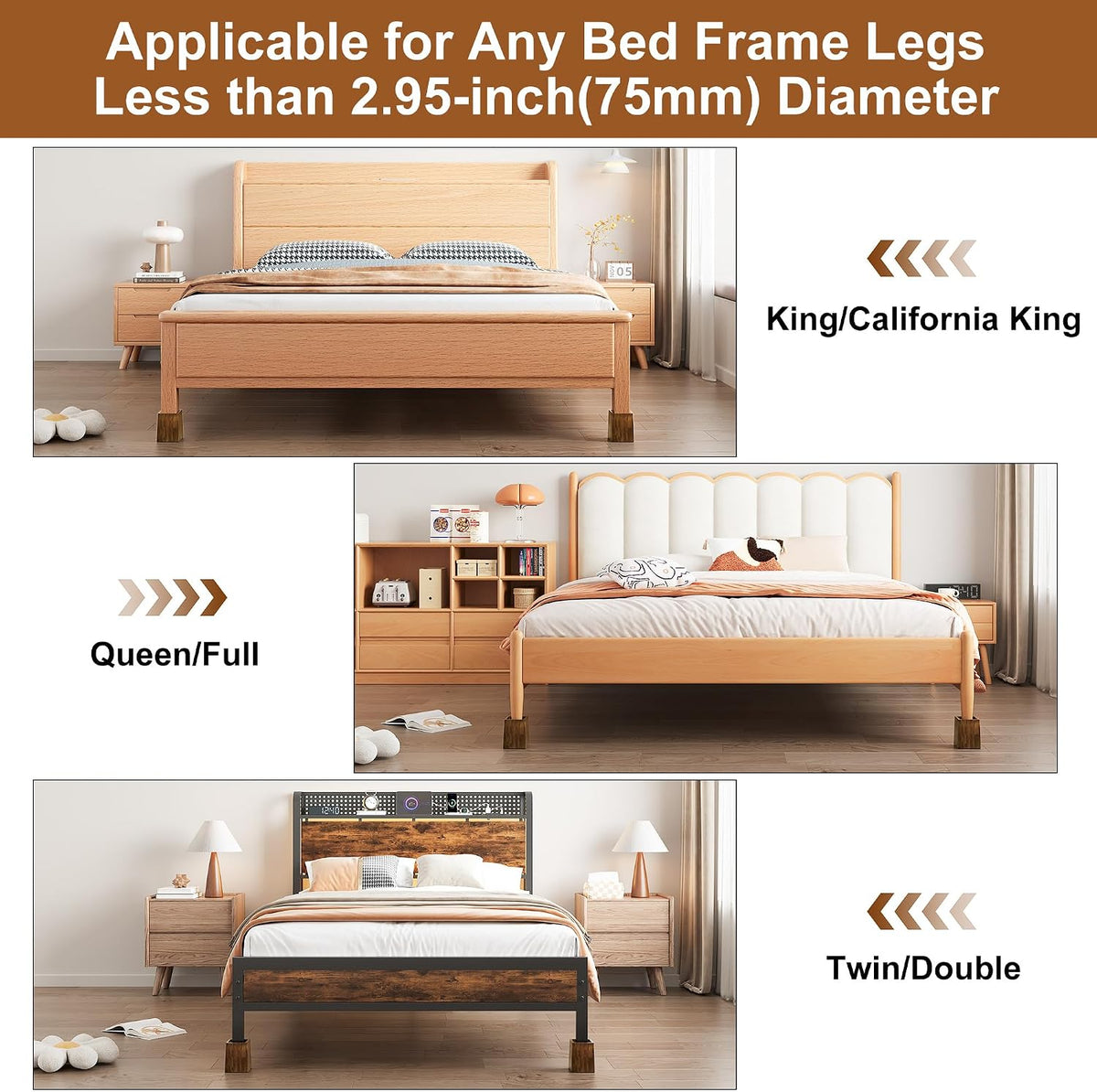 TQVAI Bed Risers Heavy Duty, Support 2200 lbs, 1-in Deep Anti-Fall Edge, 4 Pack Wooden Furniture Bed Lifts Risers with Non-Slip Pads for King Queen Twin Full Size Frame, Retro Brown, 5" H(Inner 4" H)