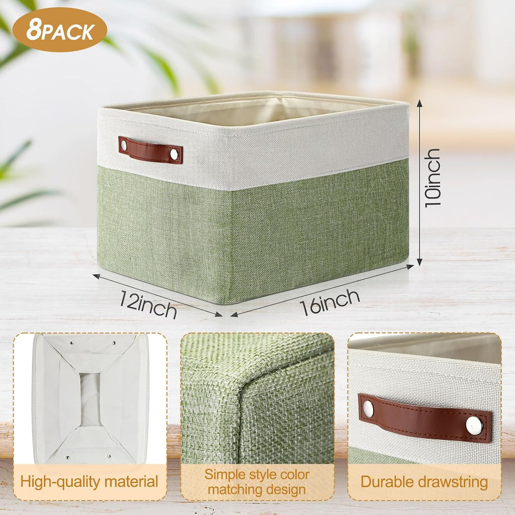Uiifan 16 x 12 x 10 Inch 8 Pack Fabric Storage Baskets with Handles, Green