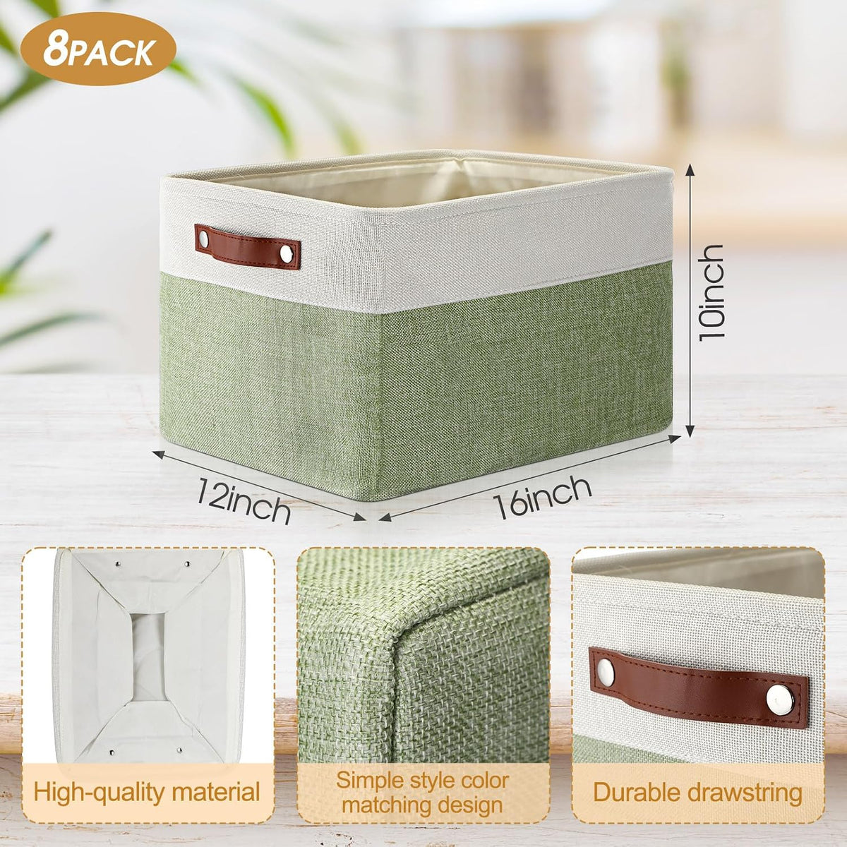 Uiifan 16 x 12 x 10 Inch 8 Pack Fabric Storage Baskets with Handles, Green