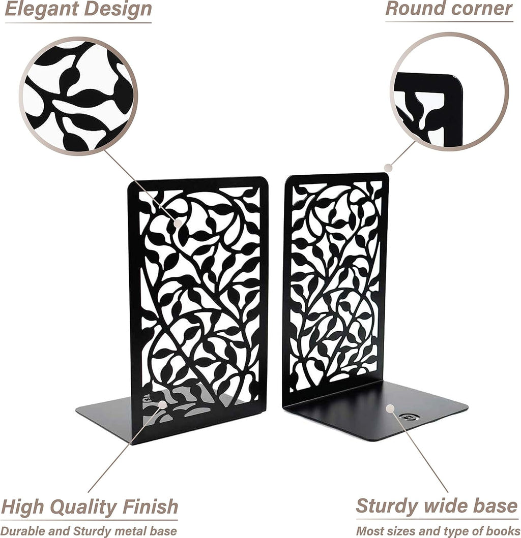 CNK Book Ends for Shelves - Metal Holders for Home Office Heavy Books, Shelf Stoppers, Decorative Set of 2 Black Infinite Leaves Bookends