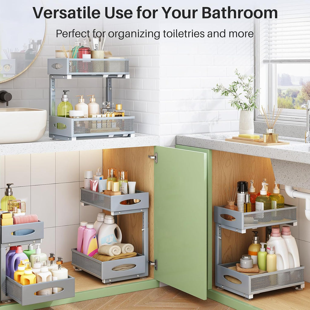 2 Pack Under Sink Organizer, 2 Tier Pull out Cabinet Organizer Mesh Baskets with 5 Adjustable Heights, Sliding Drawers Storage Shelf for Home, Kitchen, Bathroom, Pantry, Office, Countertop ,Grey