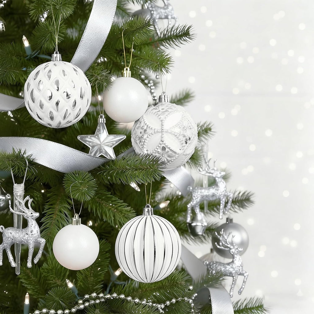 XmasExp Vintage Rustic Christmas Ball Ornaments Sets Neutral Christmas Ornaments Farmhouse Shatterproof Large Hanging Balls Tree Decorations for Xmas Xmas Home Party（Silver White, 12Pcs