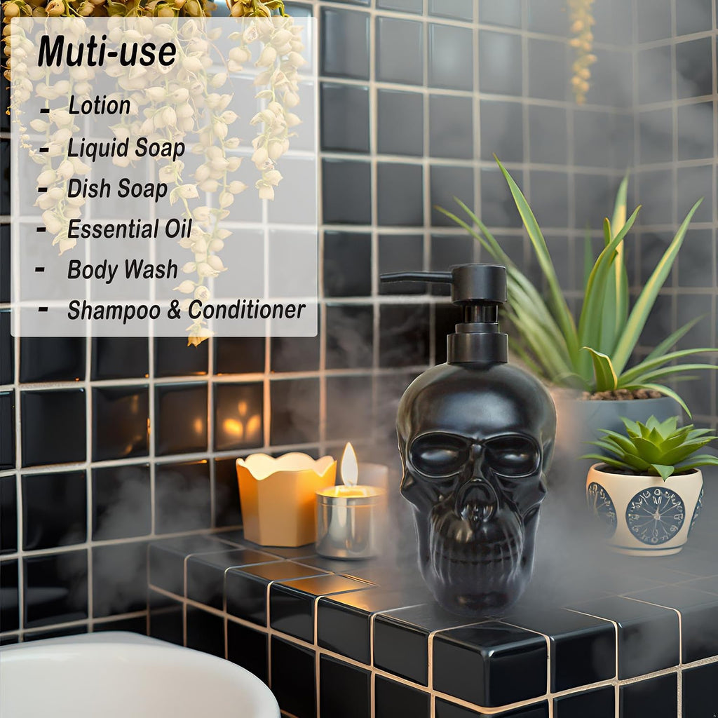 Ceramic Skull Soap Dispenser, Refillable Halloween Liquid Hand Soap Dispenser for Bathroom and Kitchen, Halloween Skull - Black