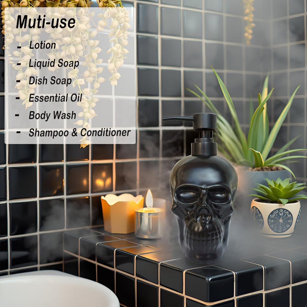 Ceramic Skull Soap Dispenser, Refillable Halloween Liquid Hand Soap Dispenser for Bathroom and Kitchen, Halloween Skull - Black