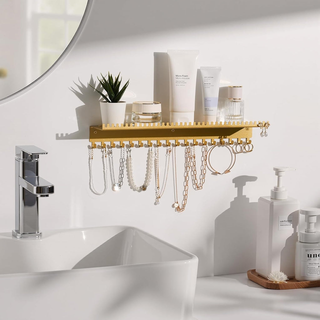 Wall Mounted Necklace Holder with Shelf, Wall Jewelry Organizer, Gold