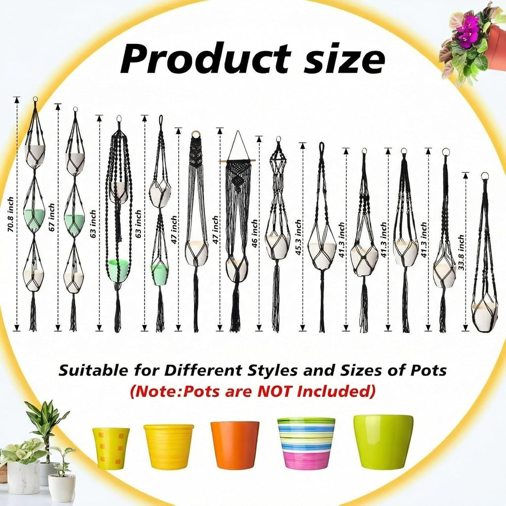 SATINIOR 12 Pcs Macrame Plant Hangers Handmade Boho Hanging Planters 12 Different Tiered Designs with 12 Hooks for Flower Pots Indoor Outdoor Decorative Wall Hanging Baskets for Home (Gothic,Black)