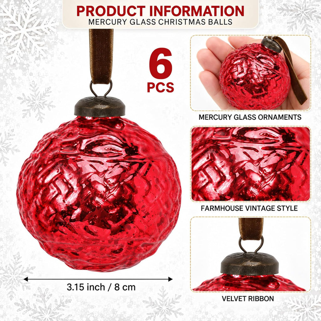 Threan 6 Pcs Vintage Red Mercury Glass Christmas Ornaments, Polka Dot