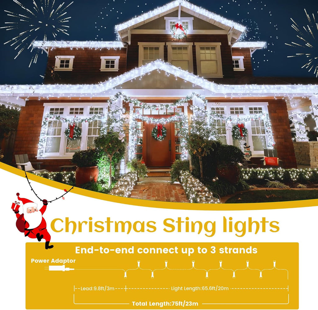 Christmas Lights Outdoor, 66ft 200LED White Christmas String Lights -Remote