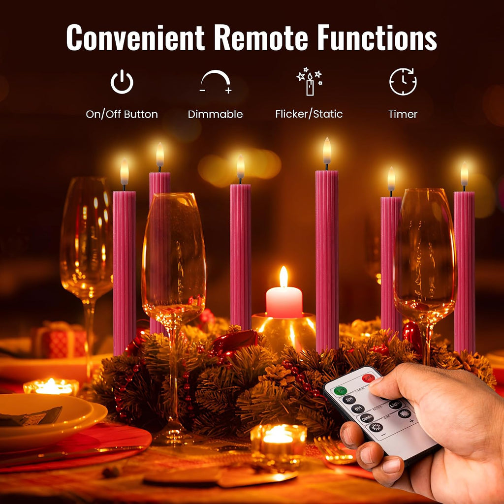 10" Fluted Ribbed LED Pink Grooved Real Wax Taper Candles, Remote & 24h Timer Memory, On/Off Switch - Flameless Dimmable Battery Operated w/Flicker Mode, Home Wedding Decor (6 Pack)