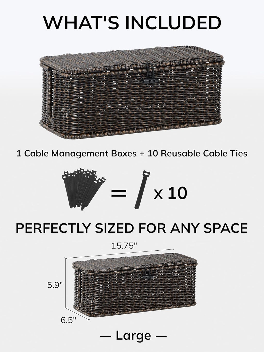 Cable Management Box, Cord Organizer with Lid & Cable Ties - Black, L