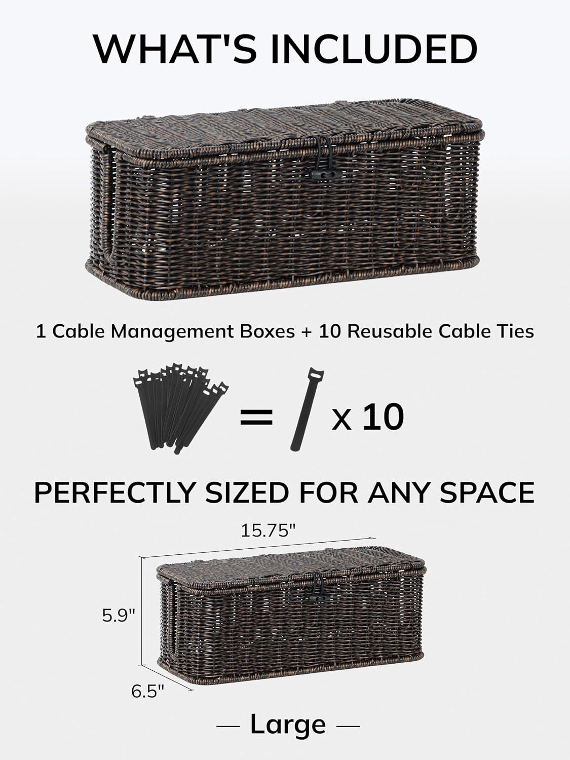 Cable Management Box, Cord Organizer with Lid & Cable Ties - Black, L