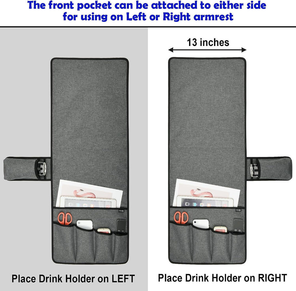 Sofa Armrest Organizer Couch Remote Holder, Sofa Caddy Bedside Organizer Recliner Armchair Accessory for iPad Tablet Phone Magazines in Home Bedroom Office Hotel, 5 Pockets with Font Side Drink Holder