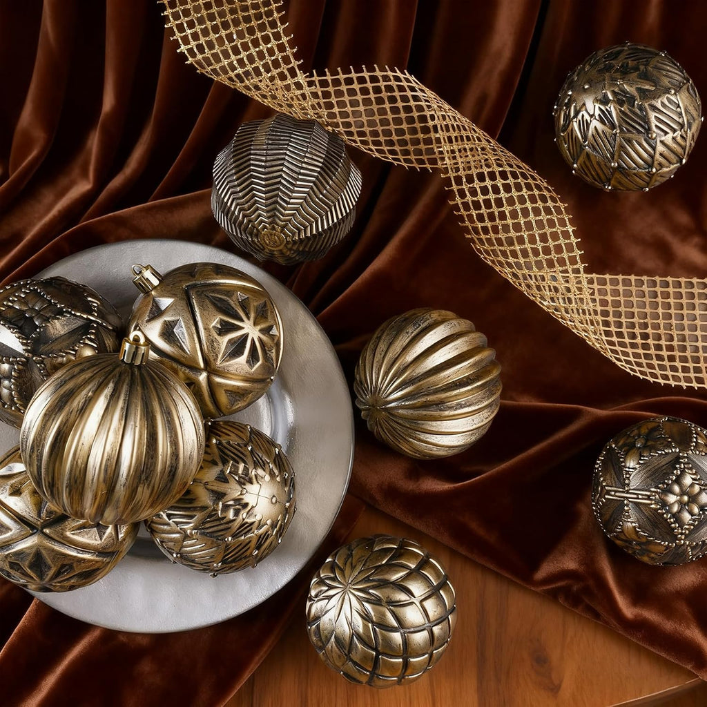 XmasExp Vintage Rustic Christmas Ball Ornaments Sets Farmhouse Distressed Christmas Tree Decorations Shatterproof Antique Traditional Style Xmas Hanging Ornaments （Bronze, 12Pcs