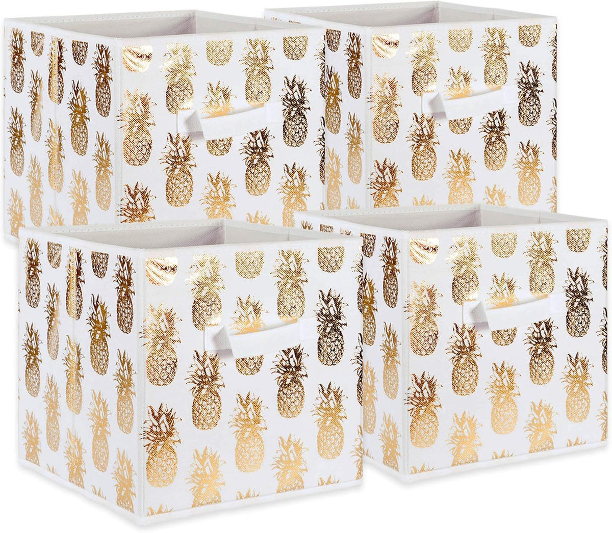DII Non Woven Polyester Storage Bin, Metallic Pineapple, White & Gold, Small Set of 4