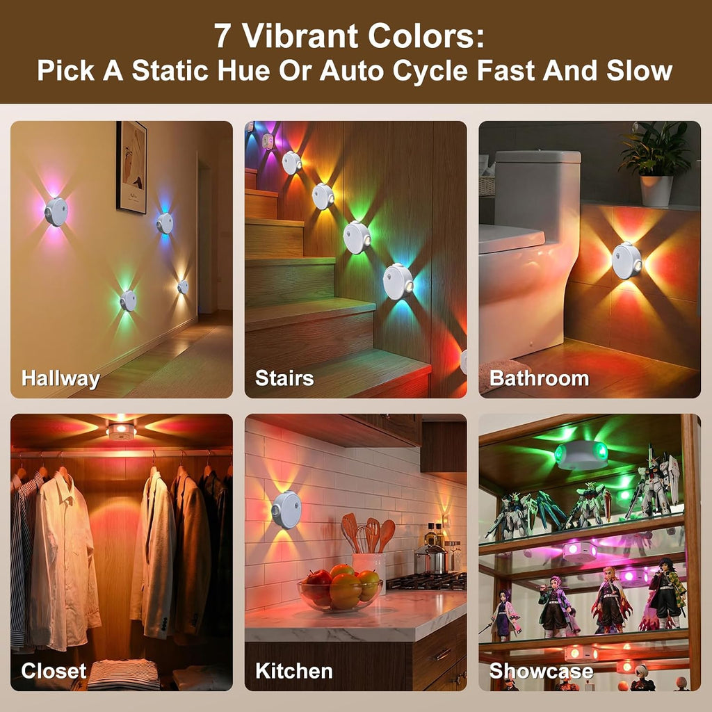 Motion Sensor LED Night Lights 4 Pack, Rechargeable Wireless Stair Lights, Magnetic Installation, RGB & Touch Control, Wall Sconce for Hallway Closet Bedroom Indoor