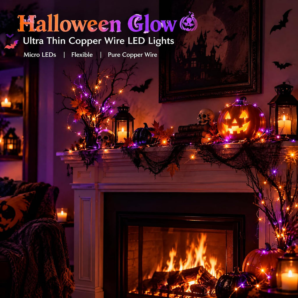 Dazzle Bright Purple and Orange Halloween Fairy String Lights, 4 Pack Total 80FT 240LED Copper Wire Battery Operated Waterproof Lights, Halloween Decorations for Indoor Home Patio Yard Party Decor