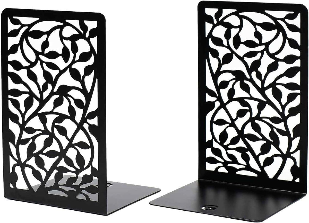 CNK Book Ends for Shelves - Metal Holders for Home Office Heavy Books, Shelf Stoppers, Decorative Set of 2 Black Infinite Leaves Bookends