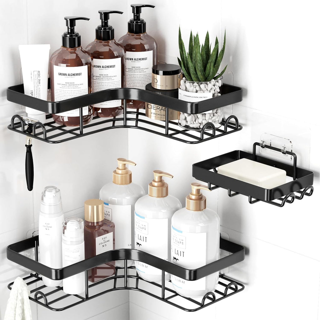 Sakugi Corner Shower Caddy, Large, 3-Pack, Soap Holder & Hooks, Black