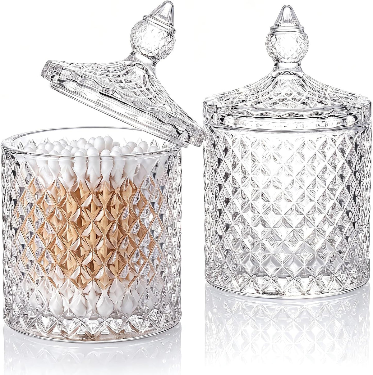 2 Pack Qtip Holder, Crystal Glass Apothecary Jars with Lids, Diamond Cut