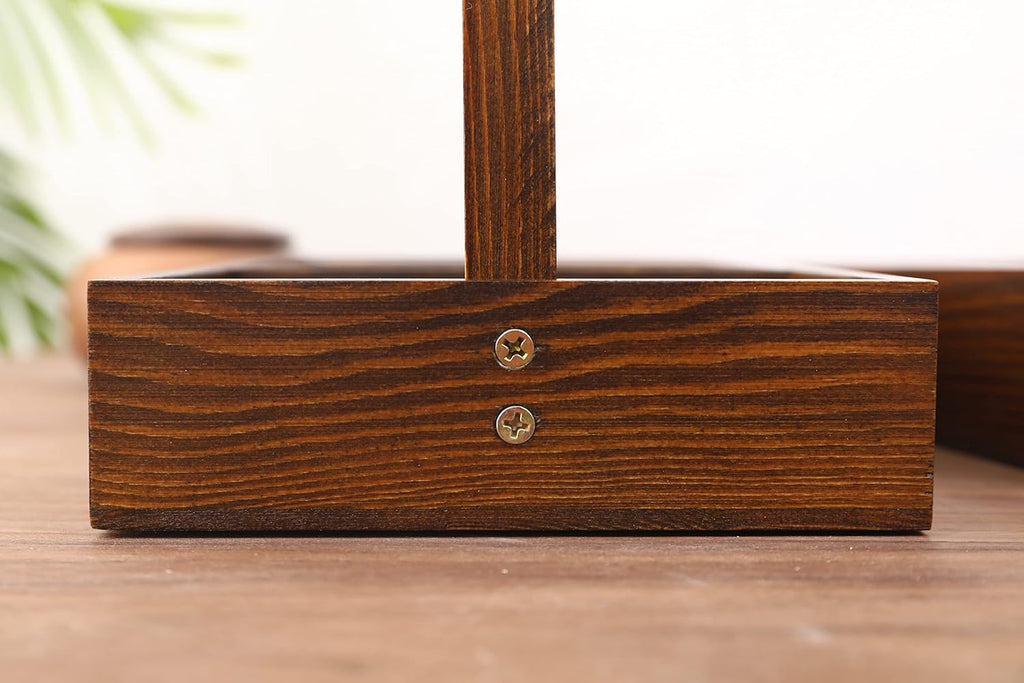 Wood Entryway Tabletop Key Holder Rack，Rustic Burnt Decorative Organizer with Storage Tray and Brass Tone Hooks，Jewelry Key Stand Hanging Organizer