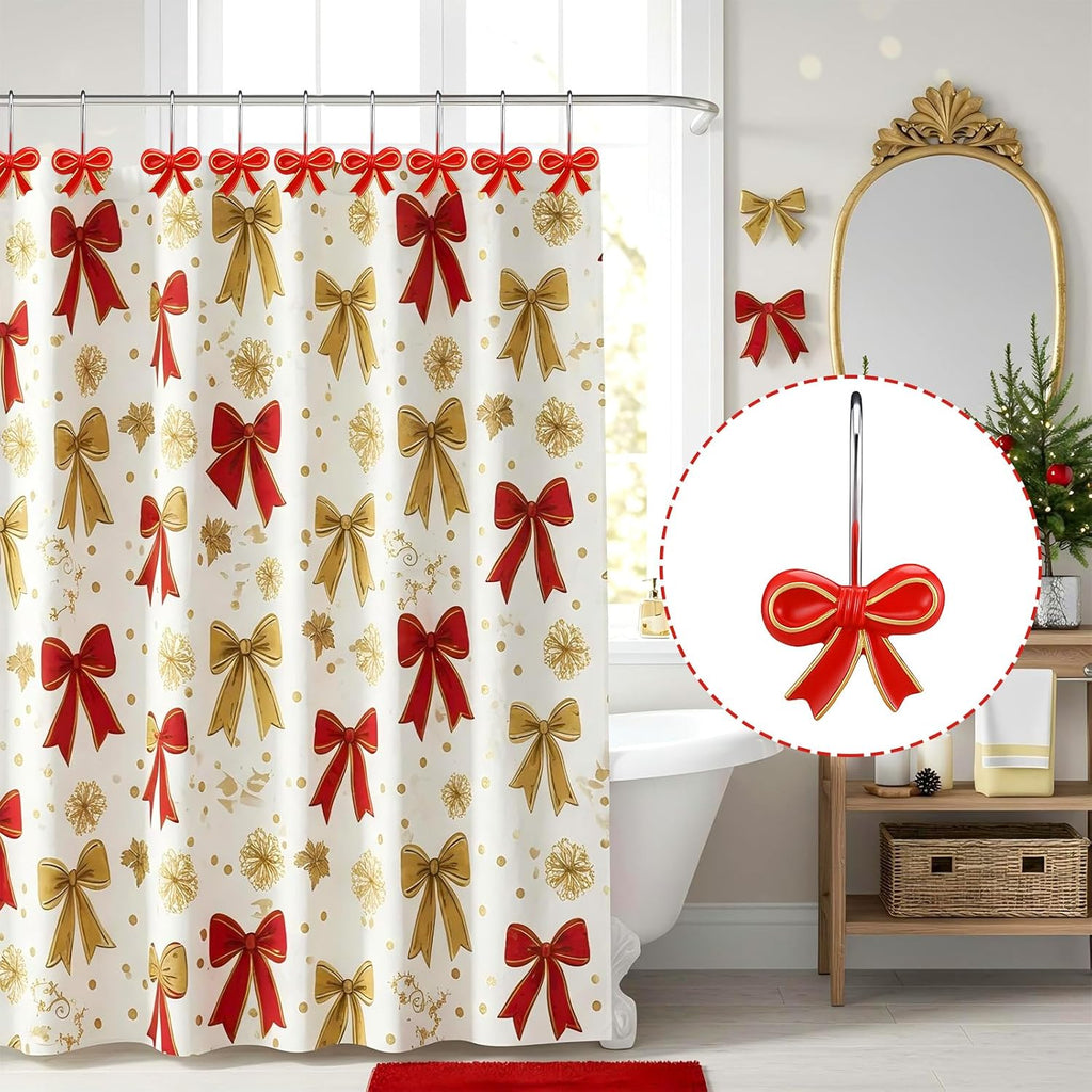 Weysat 12 Pcs Red Bow Christmas Shower Curtain Hooks Bathroom Decor