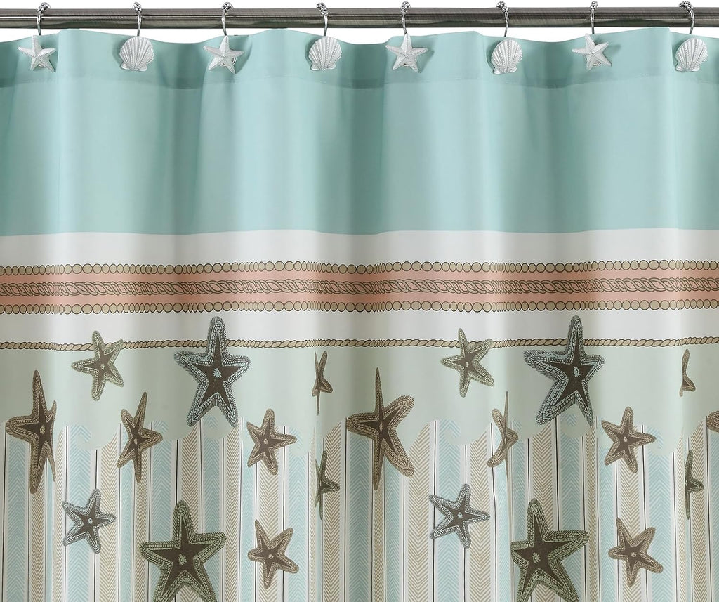 Coastal Seashell Shower Curtain Hooks, Under the Sea Beach Starfish Bathroom Shower Curtain Hooks Rust Proof, 5 Roller Ring Balls White Decorative Shower Hooks for Shower Curtain, Set of 12