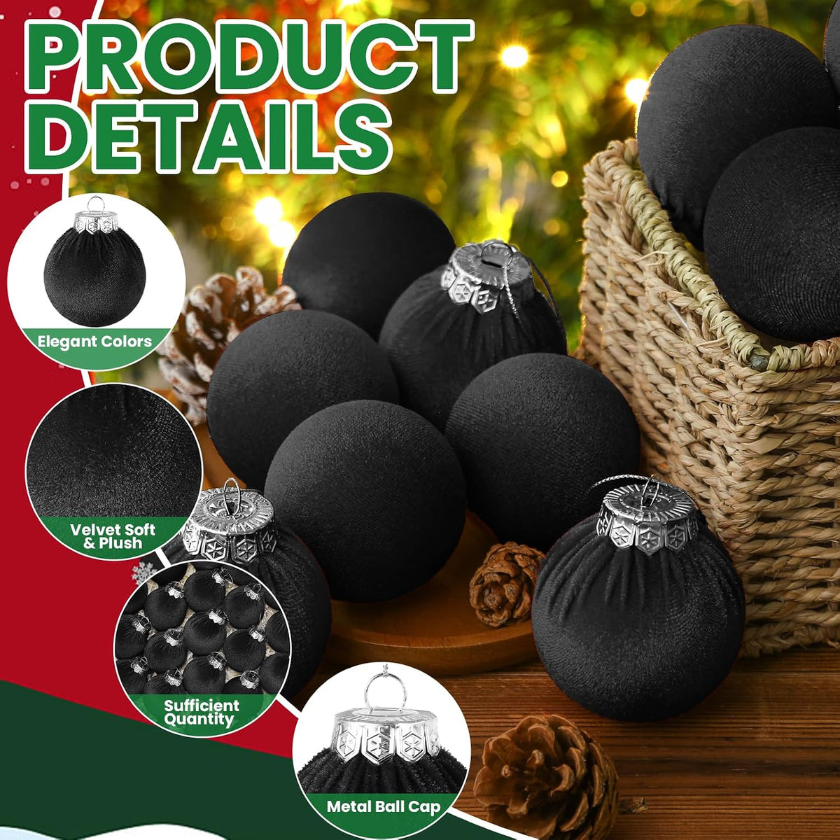 Velvet Christmas Balls Set 30pcs Black Velvet Christmas Tree Ornaments Shatterproof Xmas Hanging Balls Decorative Hanging for Xmas Holiday Family Home Store Indoor Decor 2.4inch