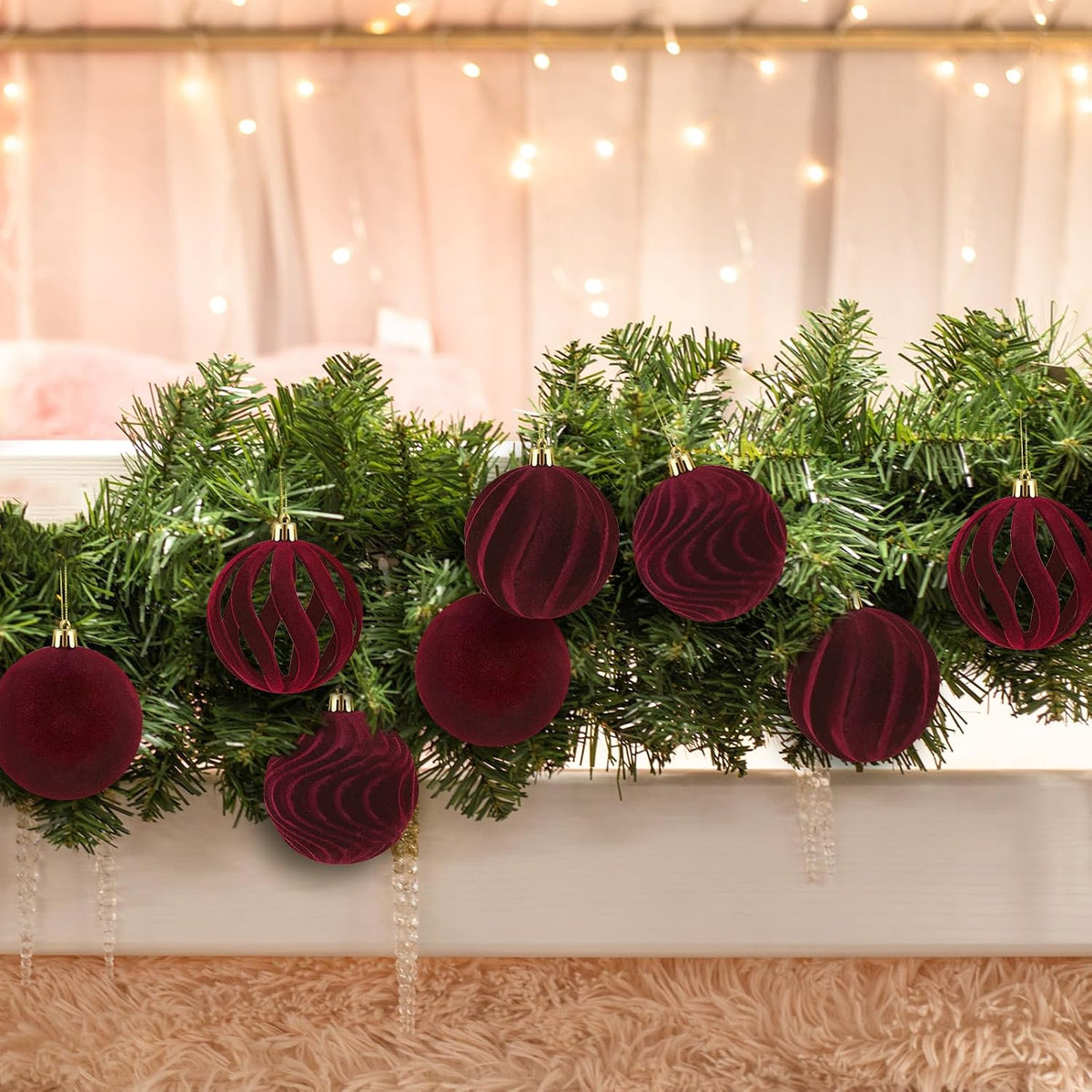 DERTE 12Pcs 3.15in Velvet Christmas Tree Balls Ornaments (Burgundy)