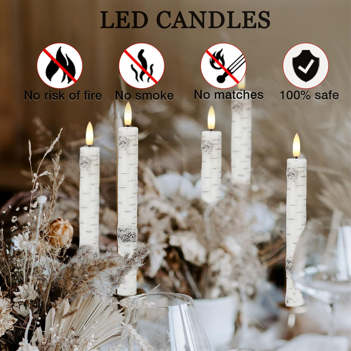Birch Bark Flameless Taper Candles with 3D Wick, 9.6" Real Wax LED Candles