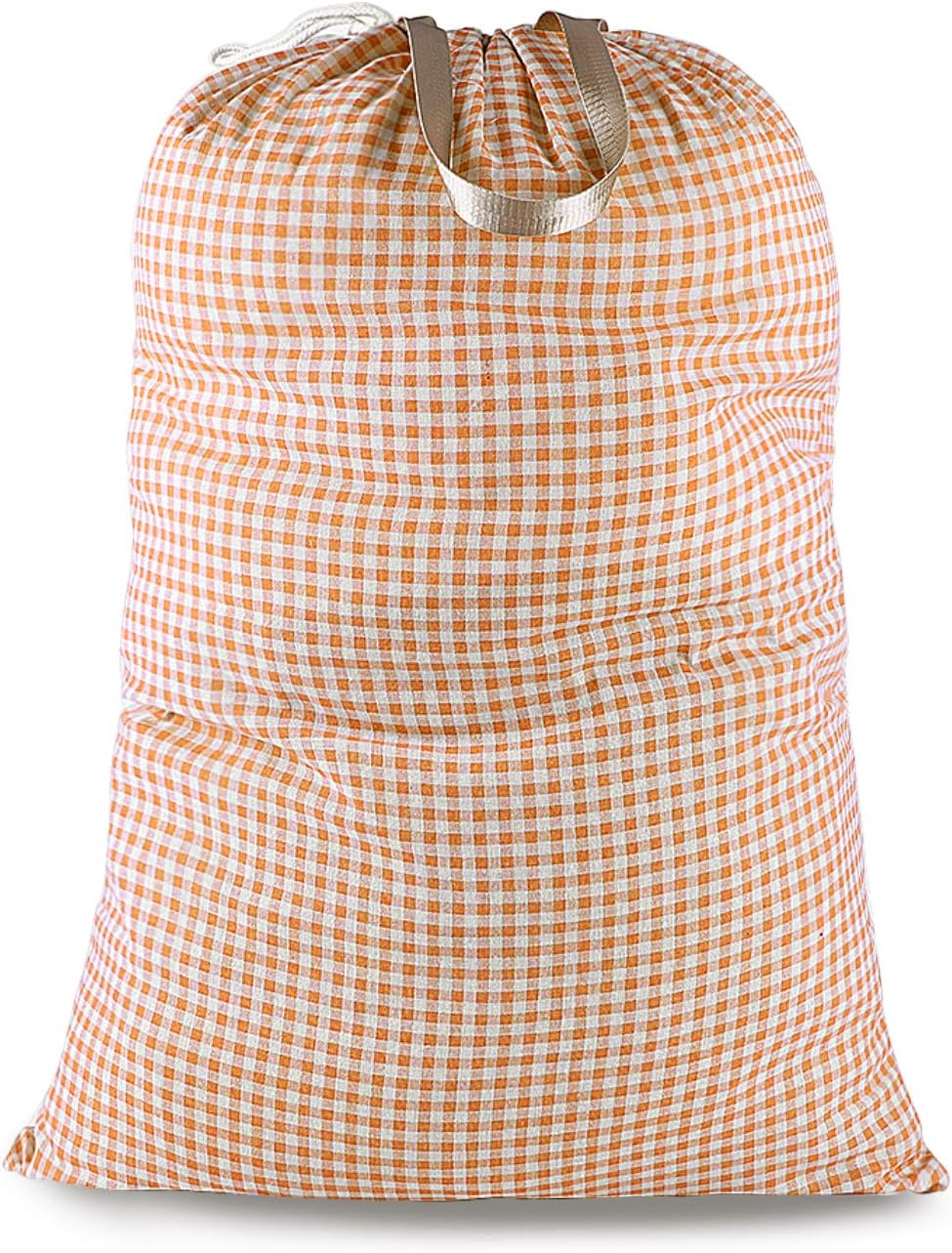 Extra Large Laundry Bag with Drawstring and Handle, Heavy Duty Travel Dirty Clothes Bag for Laundromat and Household, Durable Rip-Stop Laundry Hamper Liner, 28 x 40 Inch, Check Orange