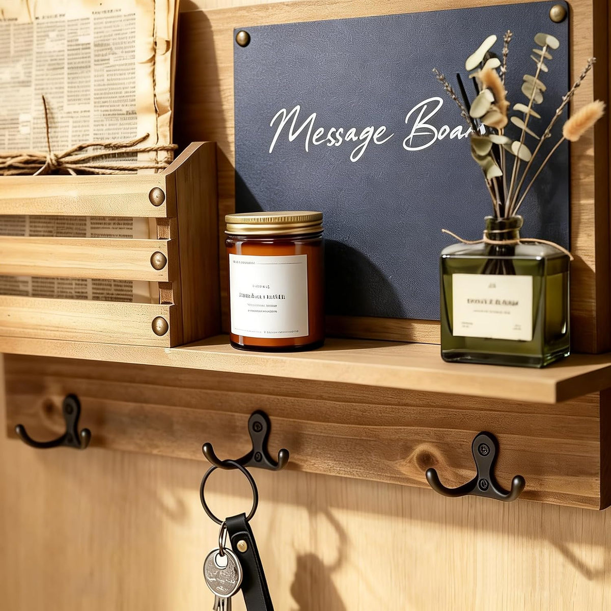 Key Holder for Wall, Mail Organizer Wall Mount, Chalkboard & 3 Double Hooks