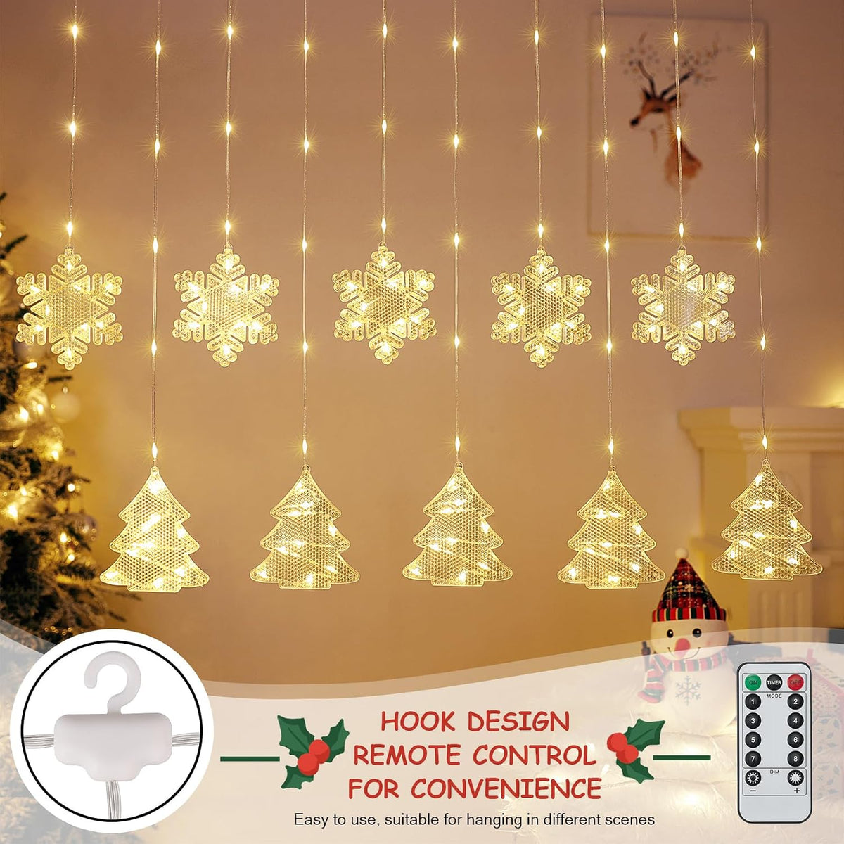 BLOOMWIN Christmas Window Lights Indoor - 2M 160 LED Christmas Window Decorations, Snowflake Curtain Hanging Fairy String Icicle Lights for Xmas Noel Bedroom Holiday Home Outdoor, Warm White USB