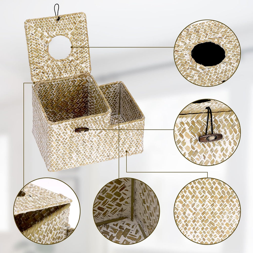 Sumnacon Tissue Box Cover Square Tissue Box Woven Seagrass Tissue Box Holder with Side Organizer, Rustic Tissue Holder for Living Room Bathroom Bedroom Kitchen Office Table Desk, White