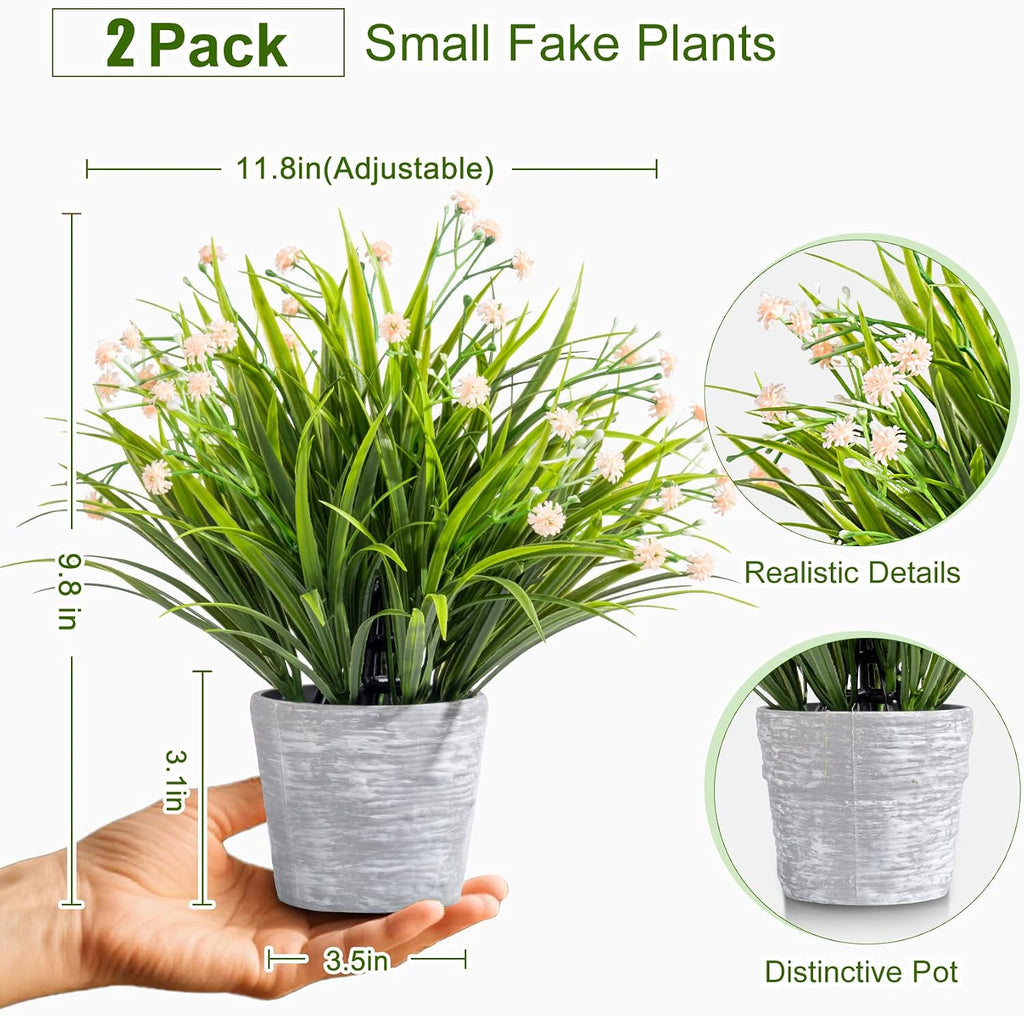 2 Pack Small Fake Plants, Mini Artificial Faux Potted Plants with Flowers