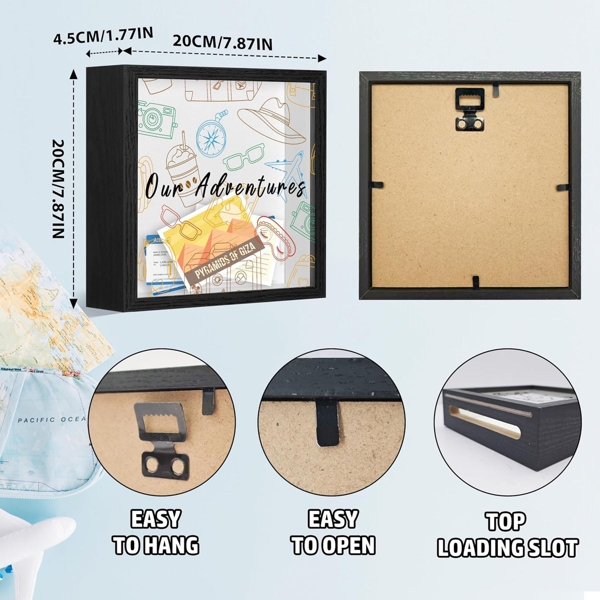 Adventure Fund Frames Box, Wooden Black Photo Frame Shadow Box Frame with Slot, Travel Money Box, Adventure Traveler Gifts, Storing Funds and Decorations, Adventure Gifts for Newlyweds Couple, 19