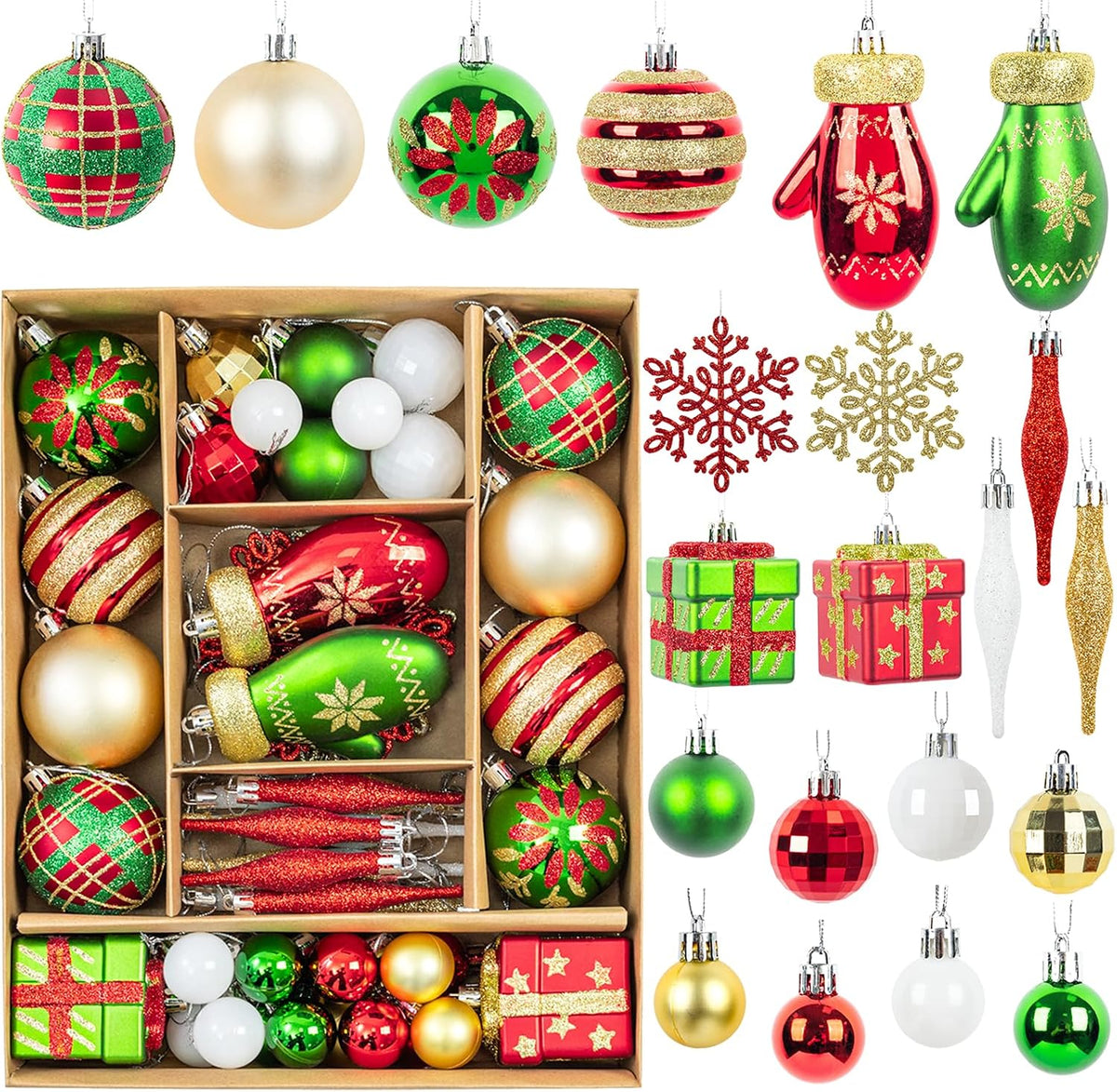58pcs Classic Christmas Balls Ornaments Set, Red Green Gold Tree Hanging
