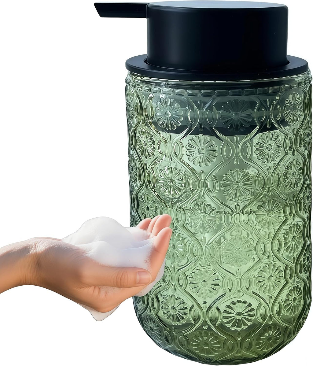 Foaming Hand Soap Dispenser,Vintage Glass Soap and Lotion Dispenser for Bathroom,Kitchen Dish Soap Dispenser with Black Foam Pump (Light Green Begonia Flower+Black Lid)