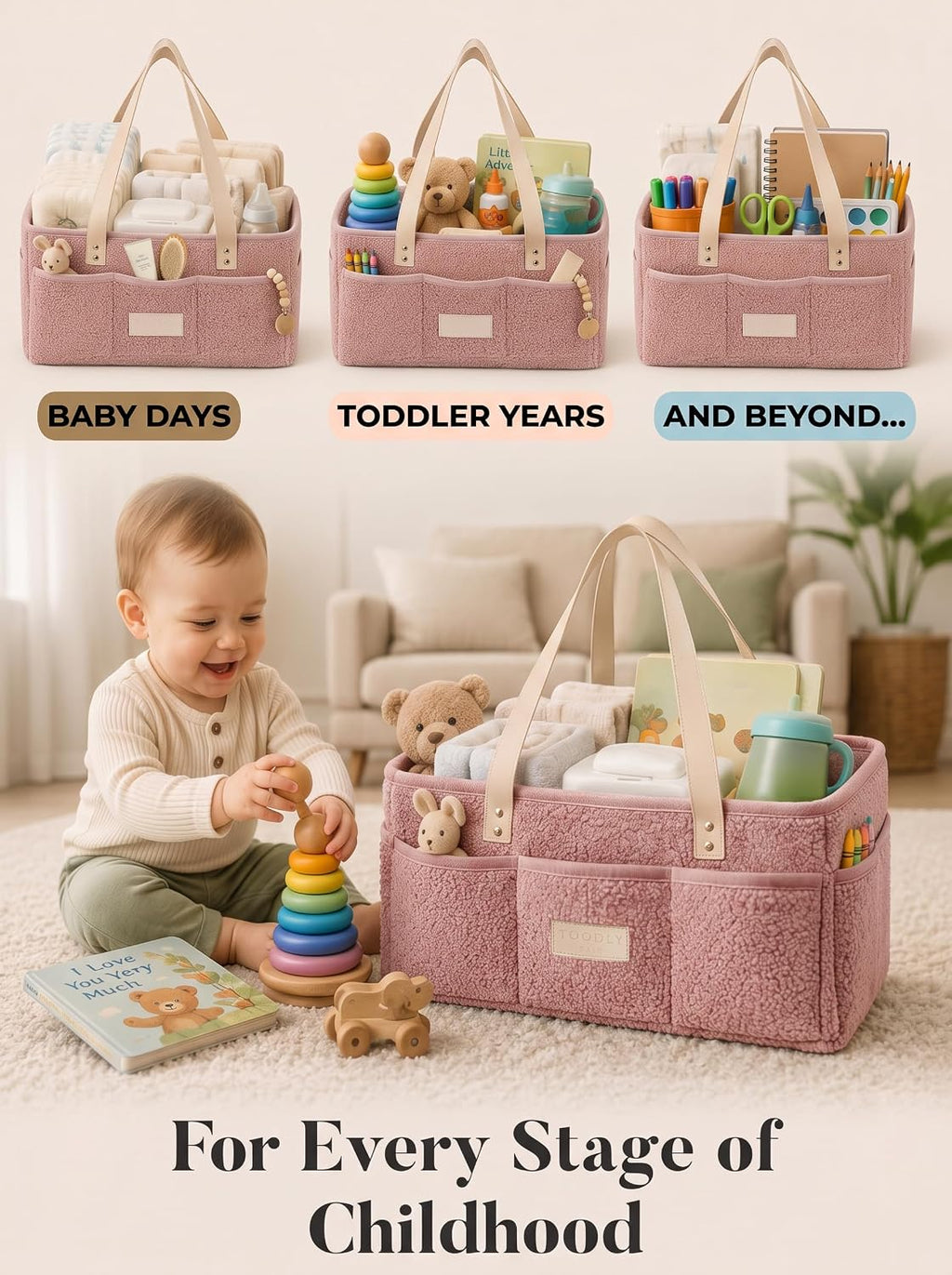 Baby Diaper Caddy Organizer with Waterproof Changing Pad, Pink