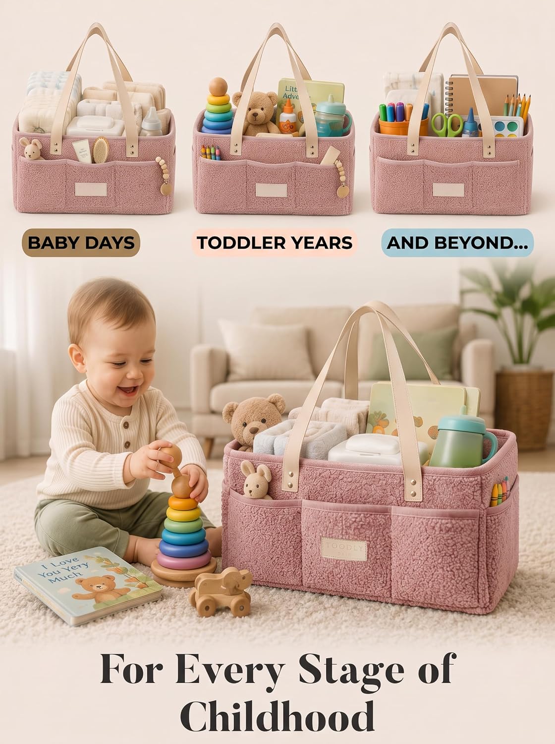 Baby Diaper Caddy Organizer with Waterproof Changing Pad, Pink