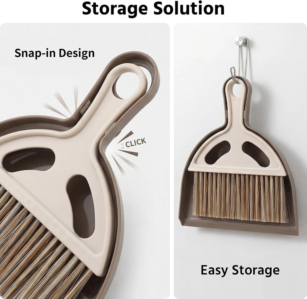 Mini Broom and Dustpan Set, Compact Hand Brush Dust Pan Combo for Desk, Keyboard, Car Interior, Countertop, Cat Litter, Small Space Cleaning, Brown