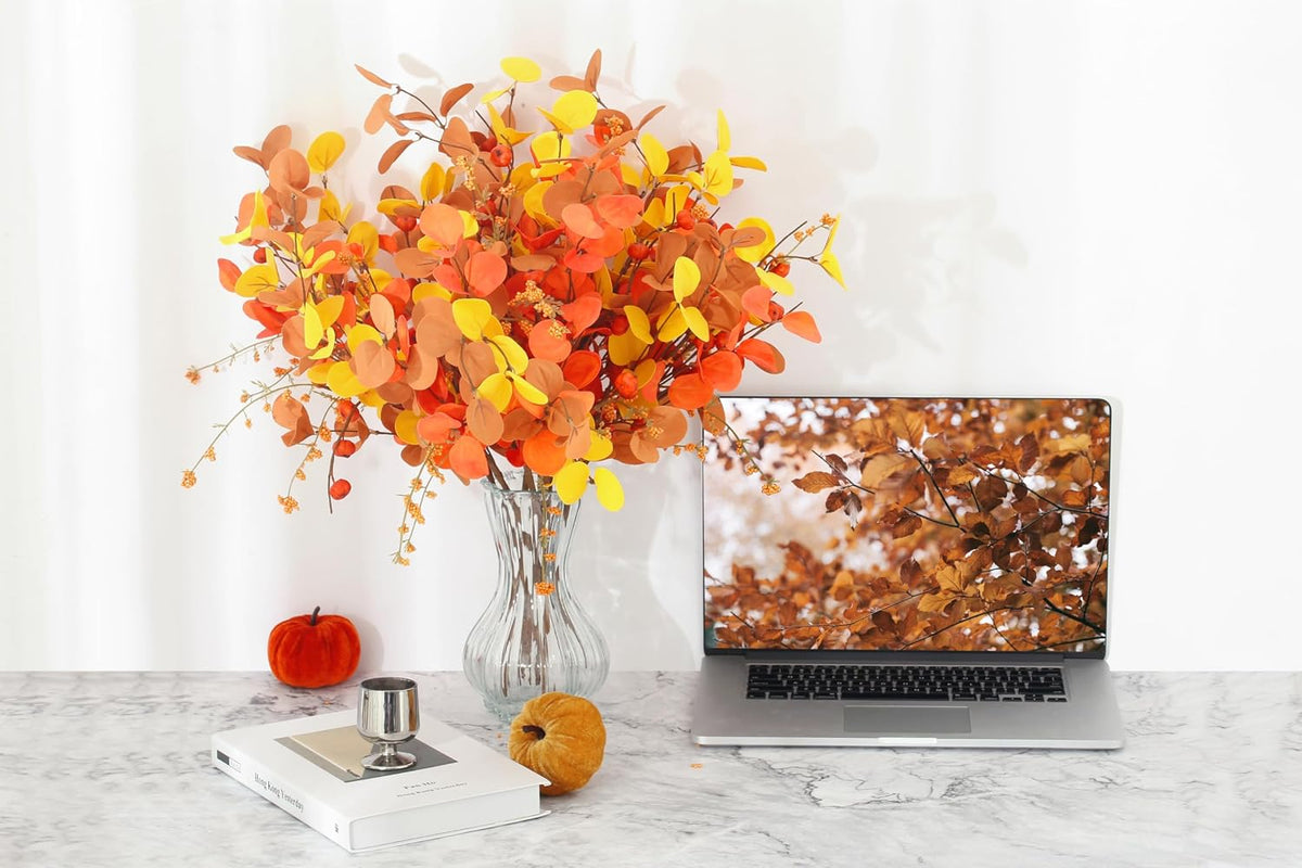 SITUMEIZI 6 Pcs Fall Stems Eucalyptus Artificial Fall Leaves Tall Autumn Decor 24" Foam Leaf Branches for Fall Halloween Thanksgiving Decoration Floral Arrangements