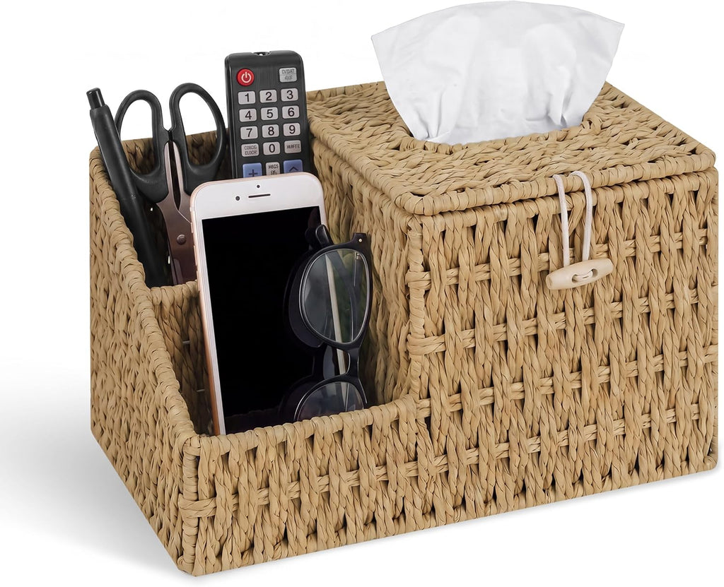 Tissue Box Cover with Storage, Wicker Paper Rope Square Tissue Box Holder
