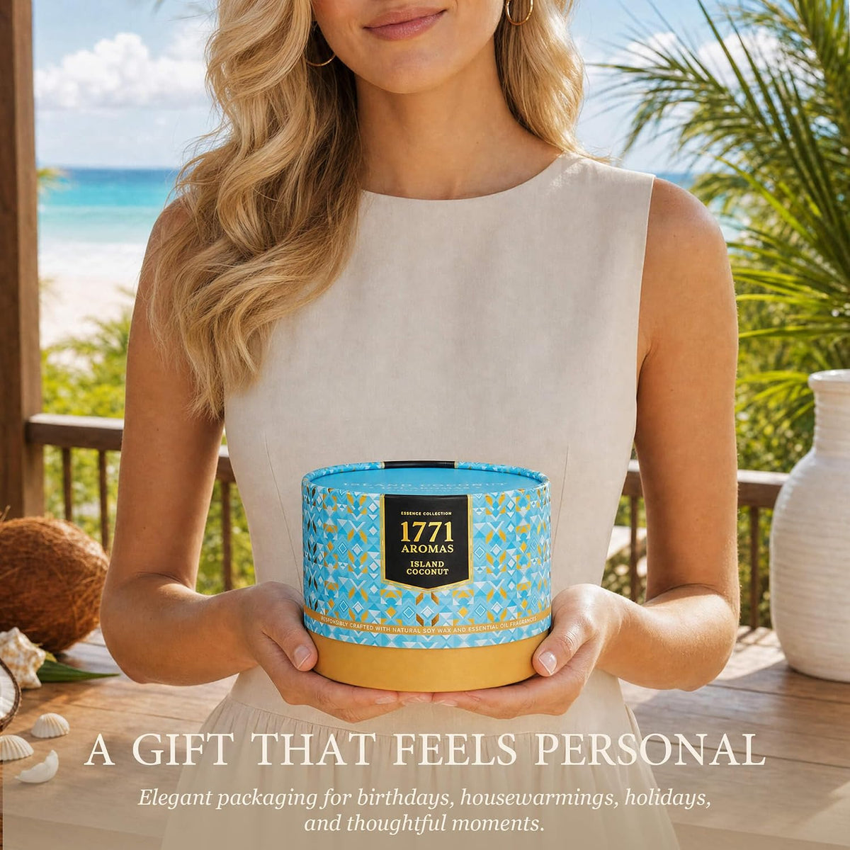 Island Coconut Scented Candle - 100% Natural Soy Wax - Large 3 Wick Jar - Up to 40 Hours Burning Time - Aromatherapy Coconut Candles for Home - Gift-Ready Box for Women and Men