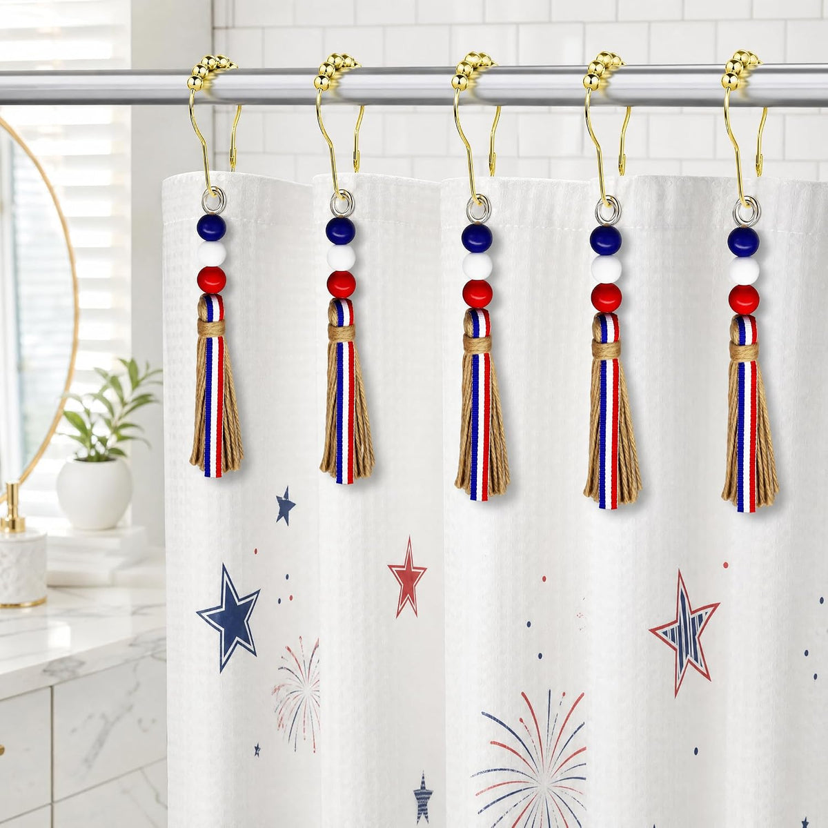 Gold Shower Curtain Hooks Rings, Rust Proof Patriotic Tassels, 12 Pack